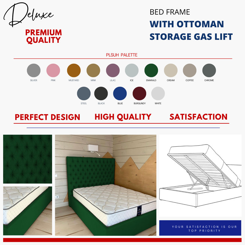 Upholstered Ottoman Storage Bed, Super King (6'), Green