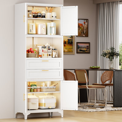 71" H Tall Metal Storage Cabinet,Large Kitchen Pantry Cabinet with 2 Drawers and 4 Metal Doors,for Living Room, Dining Room and Office, White