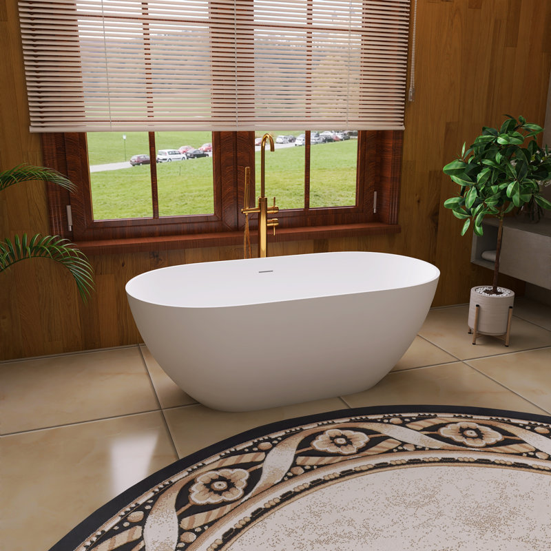 59" Freestanding White Solid Surface Soaking Bathtub, Modern Minimalist Design, Deep Ergonomic Bath, Matte White