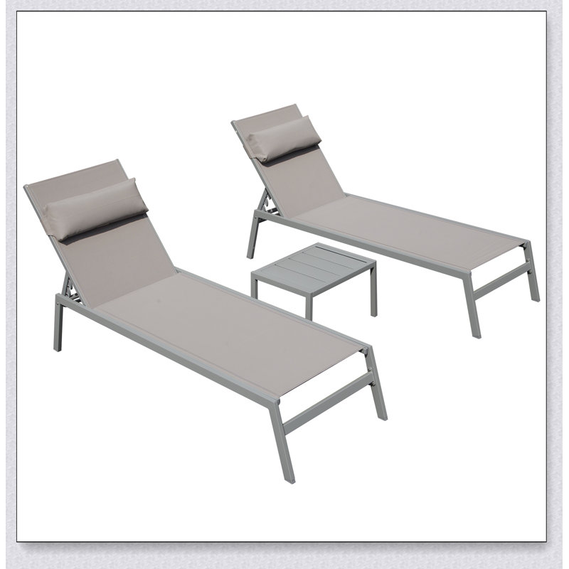 Patio Chaise Lounge Set of 3, Aluminum Pool Lounge Chairs with Side Table, Adjustable Recliner, Gray