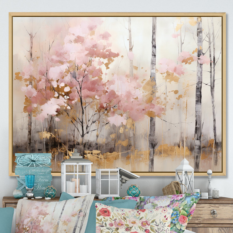 «Minimalisme rose et forêt dorée», reproduction sur toile, Cadre naturel flottant, H 24 po x l 32 po x P 1 po