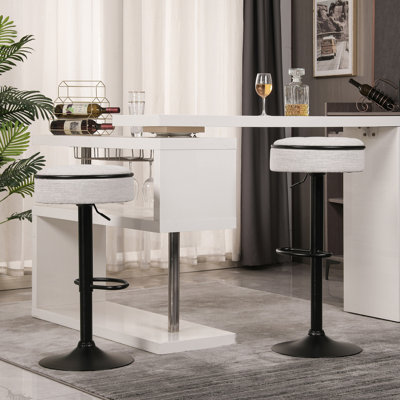 Round Storage Bar Stool Set Of 2, Linen Height Adjustable Barstool, 360°Counter Height Swivel Stool, Armless Bar Chair With Metal Frame For Kitchen Co -  Hokku Designs, C7A3BFF9AE60478A9F16685FA97EA474