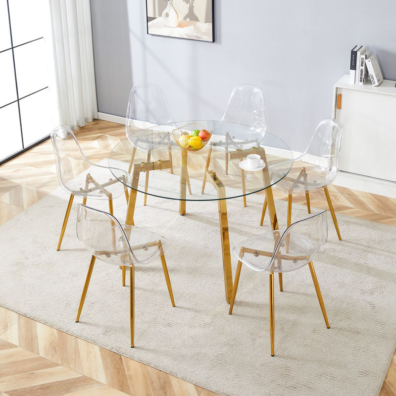 7-Piece Round Dining Table Set — Tempered Glass Top Dining Table And Chairs, 7 Pieces: Table, 6 Chairs
