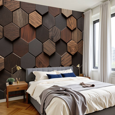 Papier peint adhésif mural hexagonal en bois Steampunk