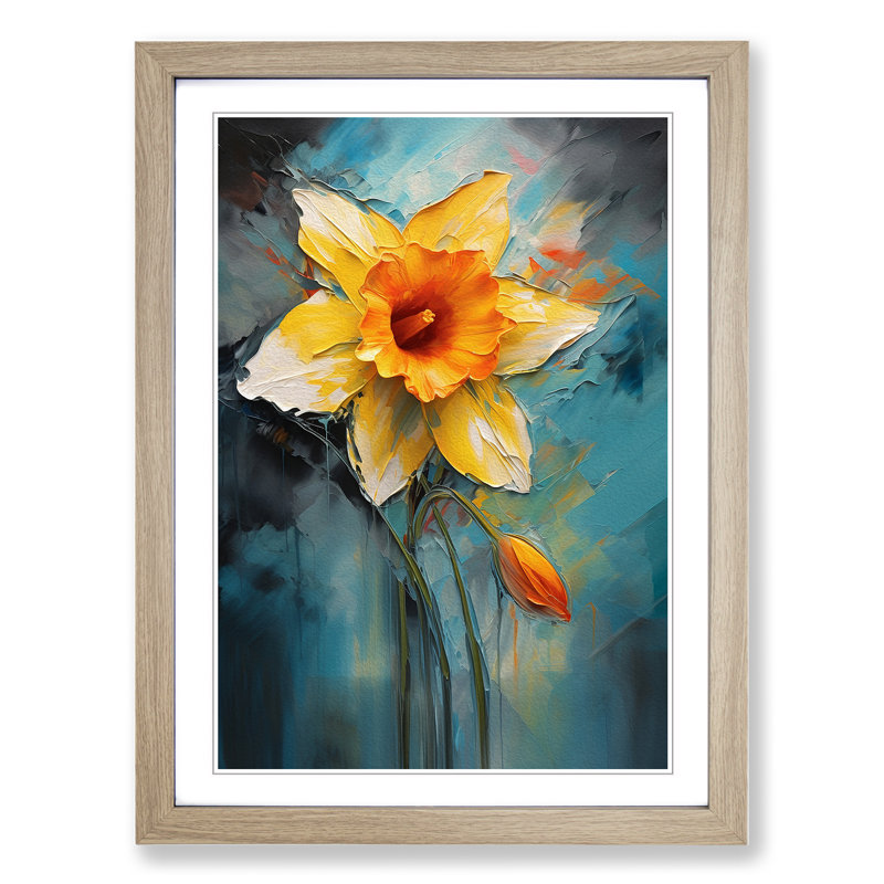 Daffodil Flower Expressionism No.2 - Single Picture Frame Print on Wood, Oak Framed, 34cm H x 25cm W