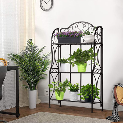3-Tier Metal Bakers Rack With Storage Shelf - Freestanding Kitchen Organization Stand For Microwave Oven, Pots, Pans, And Plants - Durable Wrought Iron Construction With Elegant Scroll Design