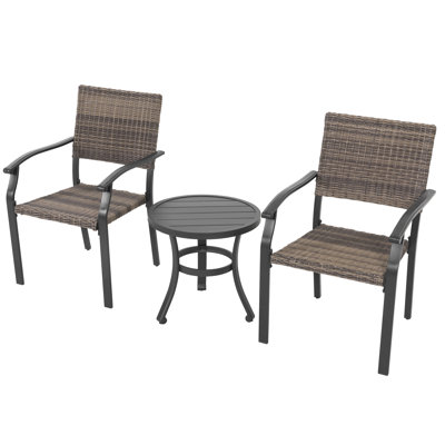 3-piece Patio Metal Bistro Set, Natural Wicker Conversation Set, Black