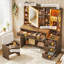 Coiffeuse avec miroir DEL et armoire à bijoux RGB, table de maquillage avec 5 tiroirs, poste de chargement et tabouret de rangement, coiffeuse de style campagnard pour chambre à coucher-819108773