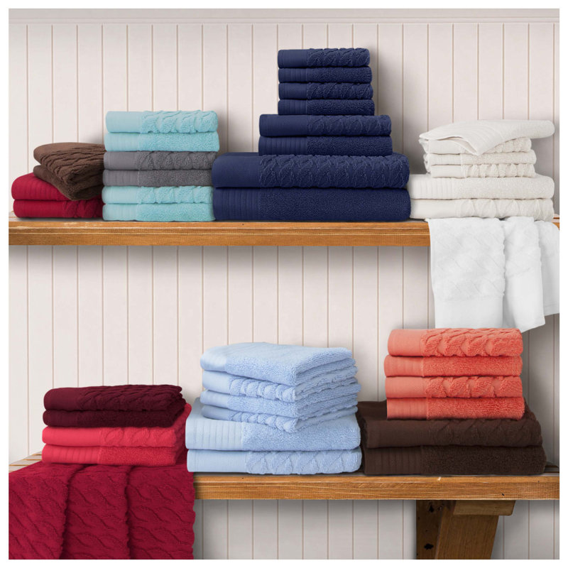 Nisswa Turkish Cotton Jacquard Herringbone and Solid Medium Weight Bath Towel Set of 4, Chocolate