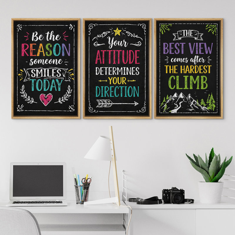 Œuvre d'art positive affirmative, décoration murale inspirée de style tableau noir coloré, impression d'art mural encadrée sur toile, 3 pièces