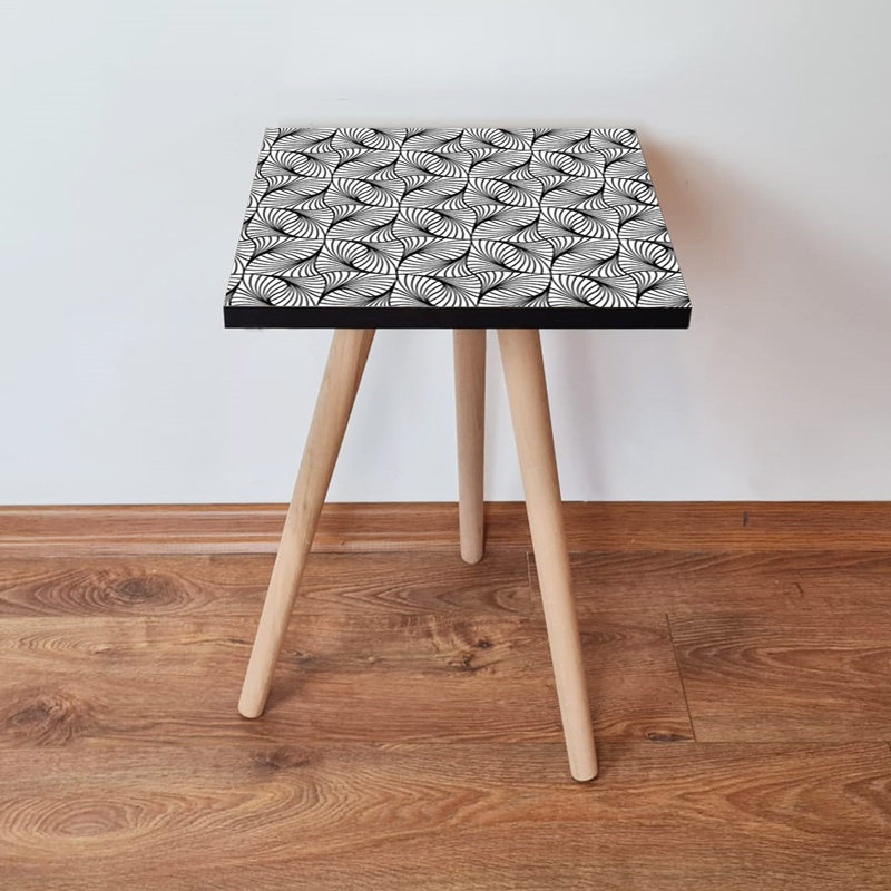 Modern Geometric Side Table, Black & White, 13.8 x 16.5 x 13.8 inches | 100% MDF with 0.7-inch Thickness | Beech Wood Legs | Stylish & Functional Design, Perfect for Living Room or Bedroom Decor