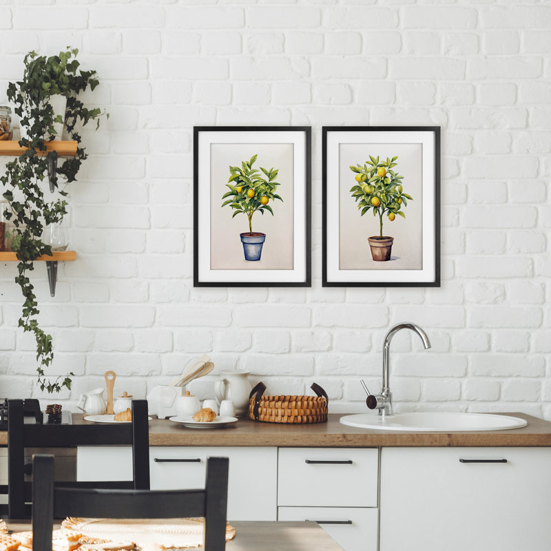 Ensemble de 2 impressions encadrées sous verre en pot Serenade Citrus, design par Andrea Haase, Cadre noir minuit