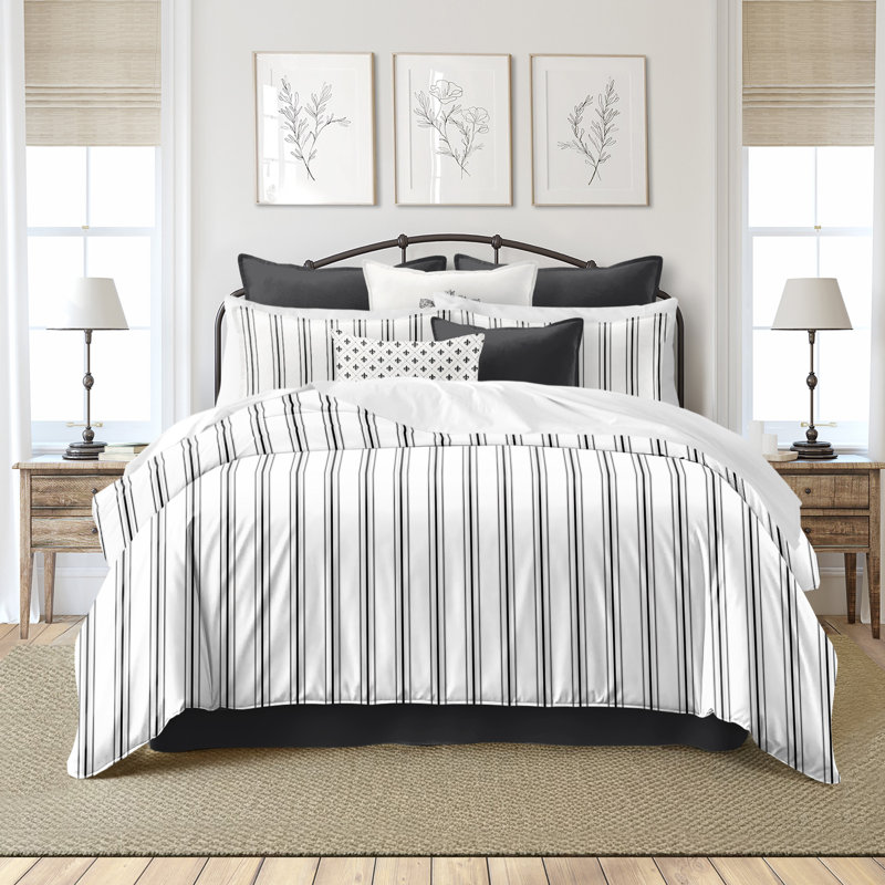 August Stripe Reversible Cotton Duvet Cover Set, Cal.King Duvet Cover + 2 King Shams, Ebony