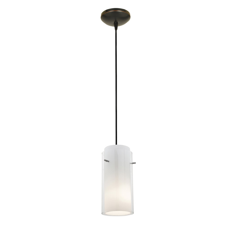 Luminaire suspendu cylindrique à 1 lumière Nygaard, Côtelé, Extérieur transparent, intérieur opale, Bronze huilé