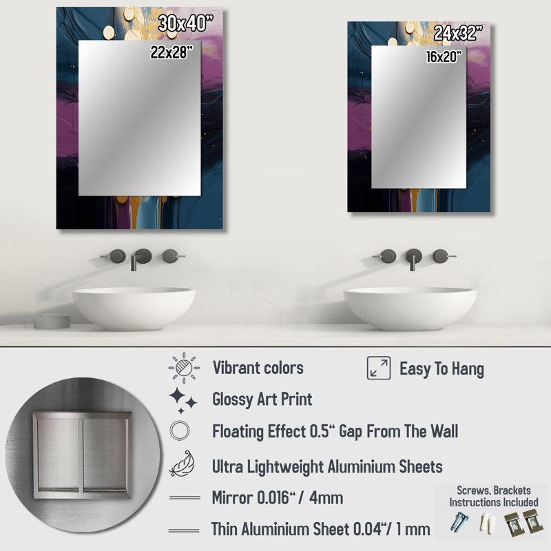 Purple And Blue Realities On Canvas III - Abstract Painting Decorative Wall Mirror, Purple Mirror, Printed Metal Art