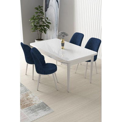 Ensemble de table et chaises de salle à manger moderne (5 pièces), blanc et bleu marine, 43,3 po x 29,9 po x 27,9 po | Panneau en carton 100% enduit de mélamine, pieds en métal, tissu Jerry, sièges en mousse confortables, parfaits pour les salles à manger et les rassemblements élégants