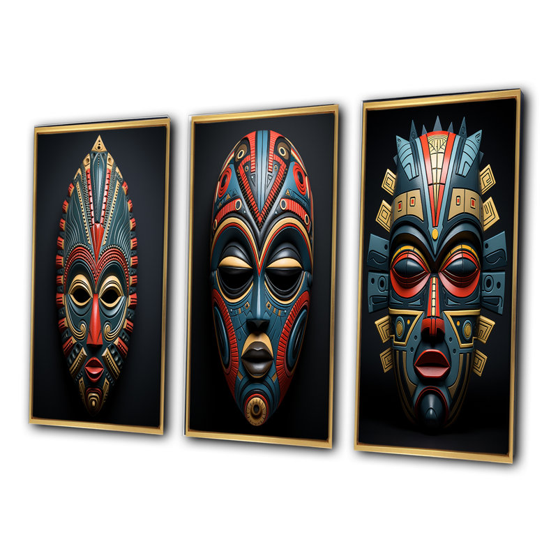 3 pièces sur toile - Masque tribal africain Pende, H 40 po x l 60 po, Cadre flottant doré