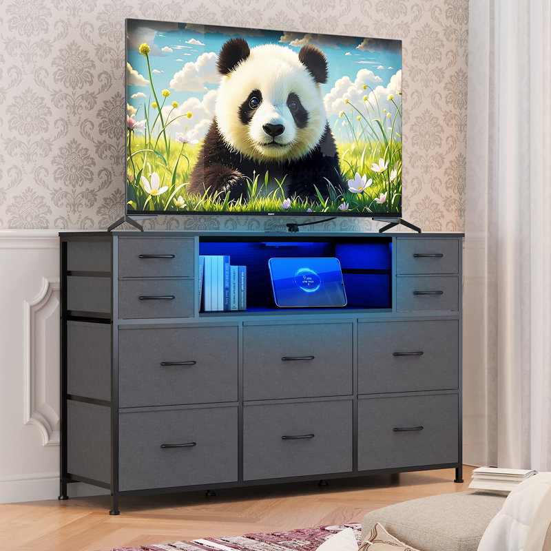 10 Fabric Drawers Dresser, Entertainment Center TV Stand for 45"-55" TV, Chest of Drawers with Wood Top and Open Shelves for Bedroom, Living Room, Hallway