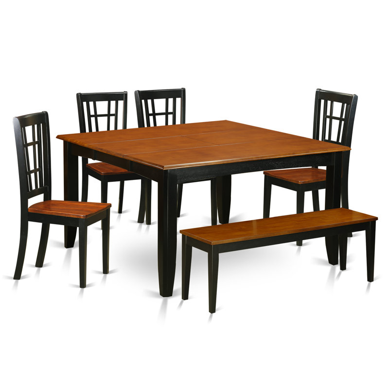 L'ensemble de table de salle à manger 6 pièces contient une table de salle à manger carrée avec rallonge papillon et 4 chaises en bois avec banc, noir et cerise