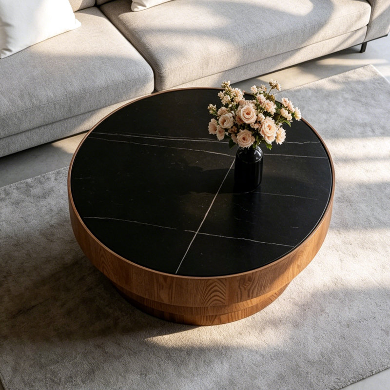 Table basse 31,5 "avec plateau en pierre frittée, Noir / brun