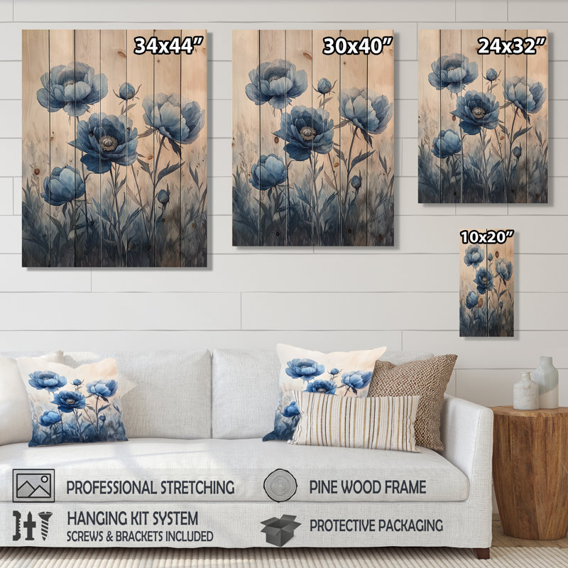 Dusky Blue Peonies In The Pasture I - Peonies Wood Wall Art - On Natural Pine Wood, 32" H x 24" W x 0.78" D
