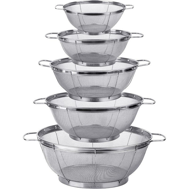 Paquet de 5 tamis passoires en acier inoxydable 18/8, paniers à tamis en maille multi-tailles avec poignées et base de repos pour la vidange, le rinçage et la cuisson à la vapeur