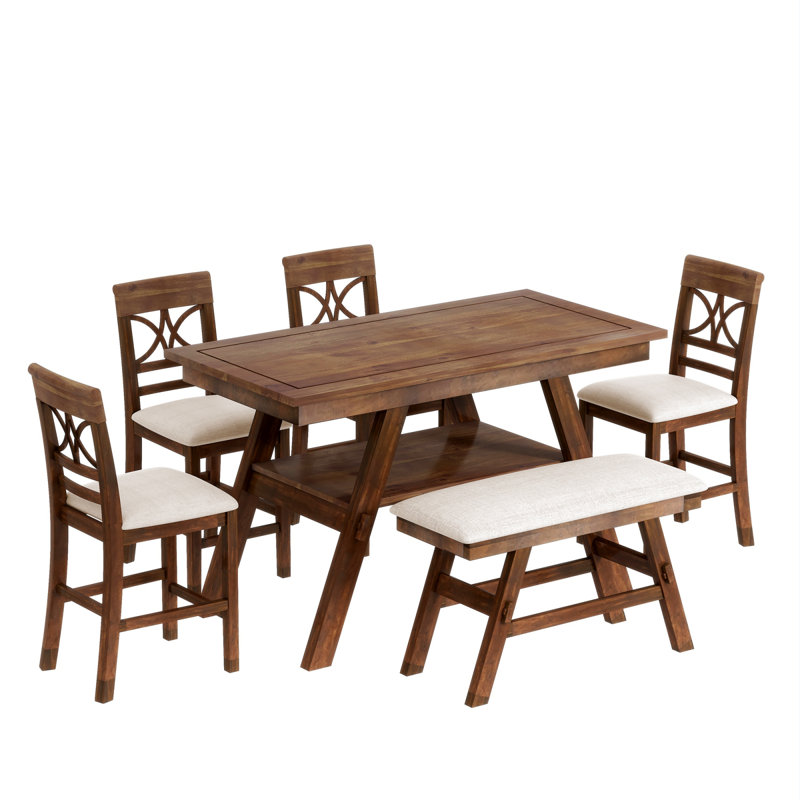 Ensemble de table de salle à manger à hauteur de comptoir en bois 6 pièces avec tablette de rangement, ensemble de table de cuisine avec banc et 4 chaises de style rustique TopMAX, noyer et coussin beige