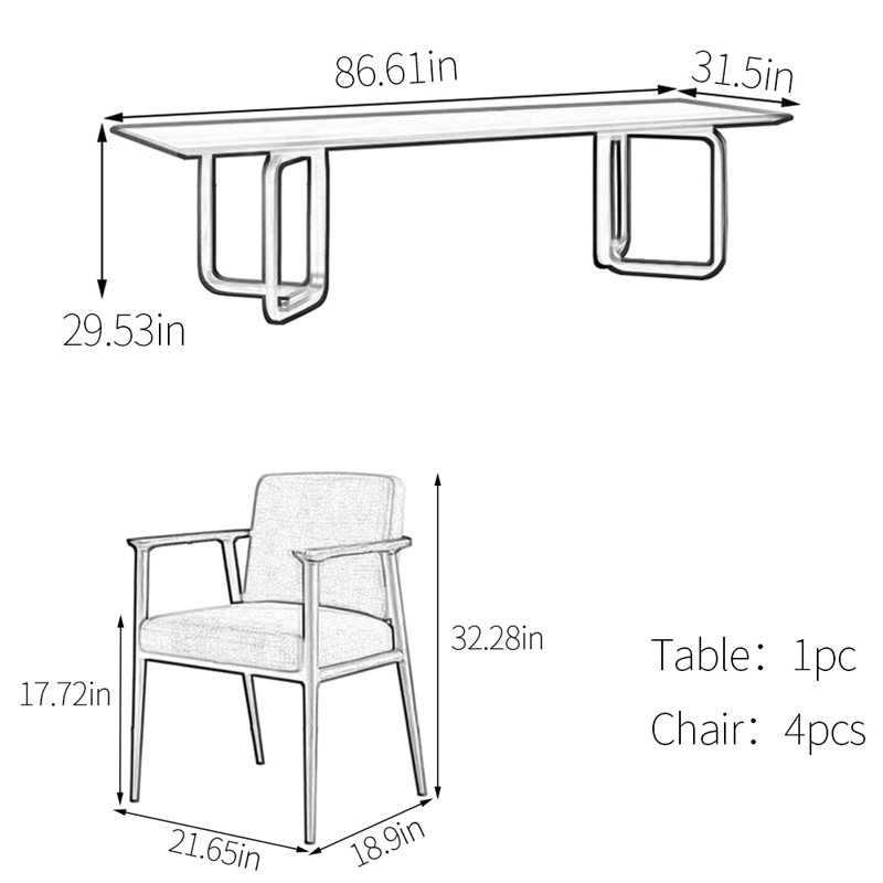 Ash simple practical dining table set, 29.53"H x 86.61"L x 31.5"W