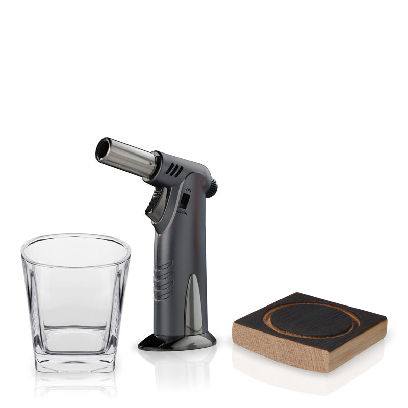Viski Alchemi Barrel Board Smoking Kit For Infusing Drinks - American Oak Whiskey Barrel Wood Smoke - Includes Glass And Torch, 3 Piece Set