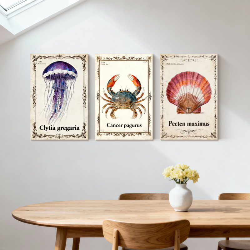 «Jellyfish Crab Shell Sea Life», ensemble de 3 reproductions d'art sur toile, H 30 po x l 60 po