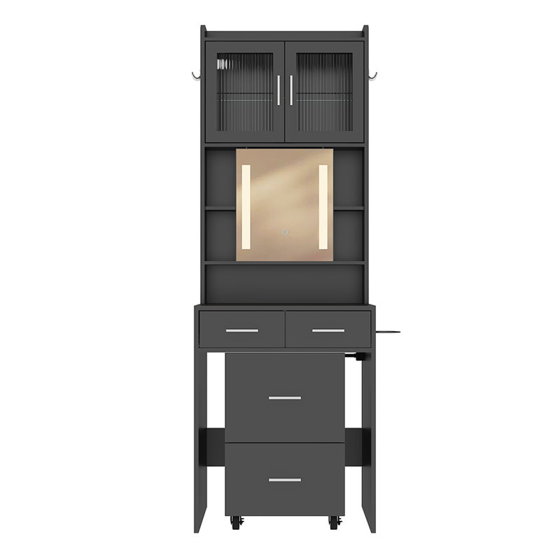Small Vanity Desk With Sliding Mirror And LED Lights, Gray, Silver