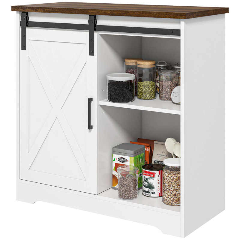 Farmhouse Coffee Bar Cabinet, 33" Buffet Sideboard With Sliding Barn Door And Adjustable Shelf, Kitchen Buffet Cabinet
