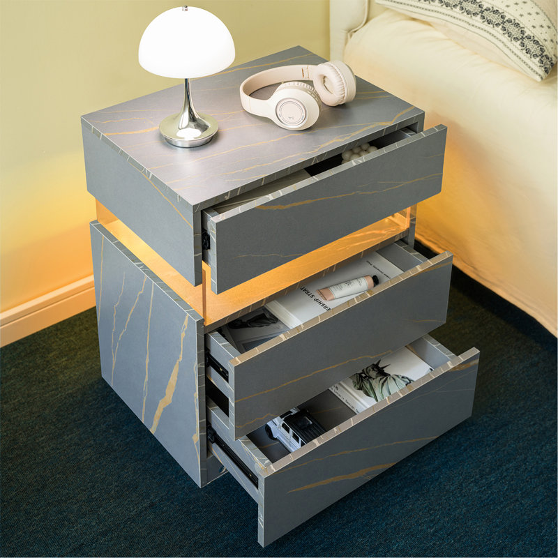 Commode 3 tiroirs à DEL pour tables de bout avec tables en acrylique et tables de chevet à DEL, Gris/doré