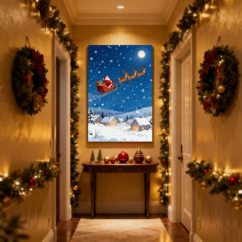 Père Noël de Noël survolant un village enneigé avec renne, ensemble de 3 impressions sur toile, H 24 po x l 16 po