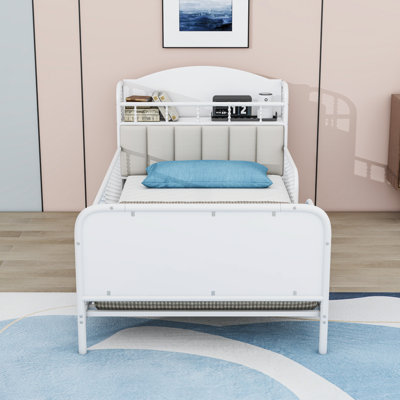 Twin Metal Platform Bed With Pull Out Storage Shelves, LED Lights And Headboard