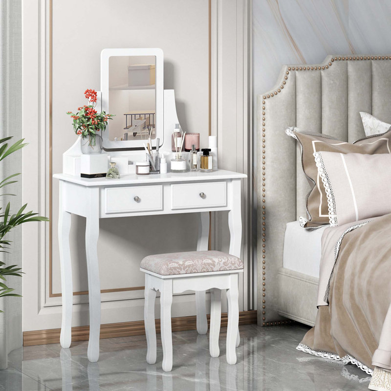 Ensemble coiffeuse en bois avec tabouret et miroir