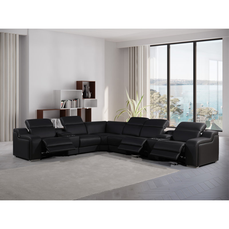 Stanson 8 - Piece Top Grain Italian Leather Power Reclining Sectional, Black Genuine Leather