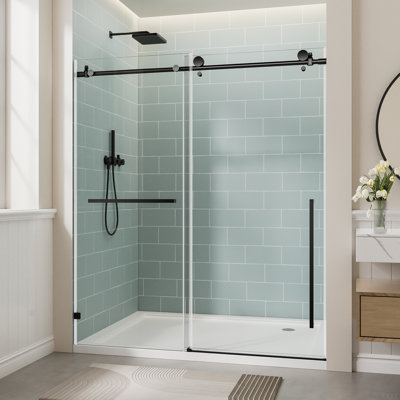Porte de douche coulissante simple sans cadre l 56 à 60 po x H 78 po, verre trempé transparent de 3/8 po (10 mm) avec film antidéflagrant, poignée en acier inoxydable