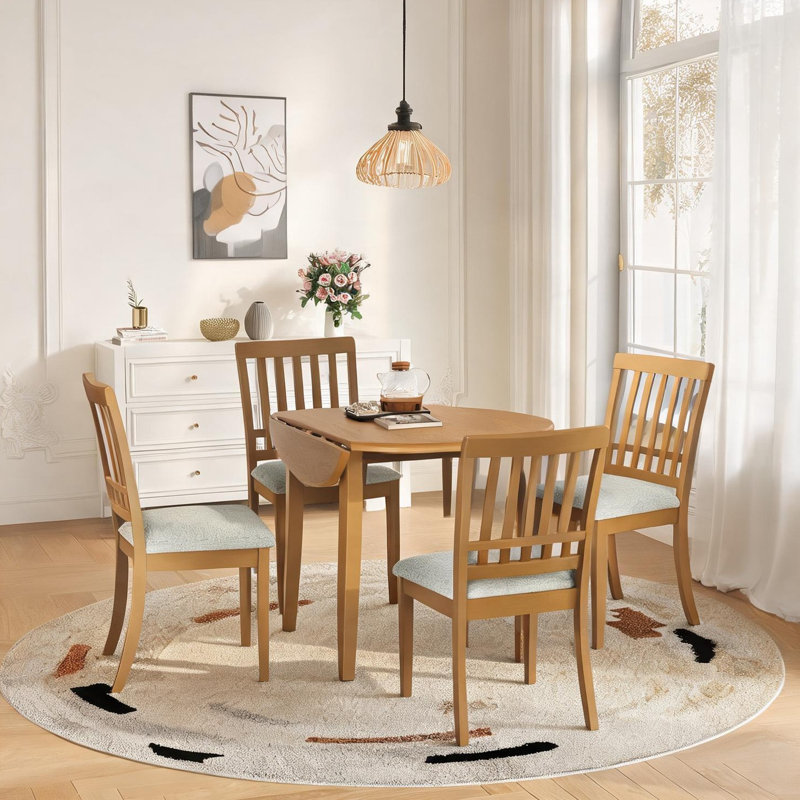 Ensemble de salle à manger rond pour 4 personnes avec table pliante et chaises rembourrées, design compact en brun riche