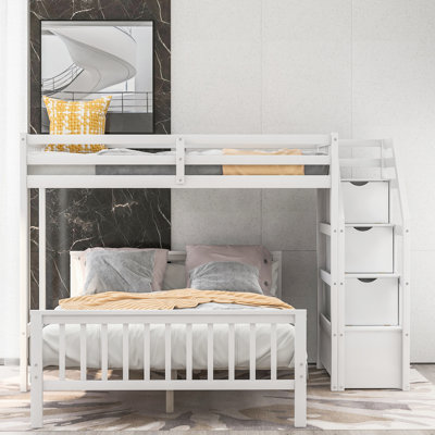 Twin Over Full Loft Bed With Staircase - Extra Storage, White Large Storage Compartment, Keep Your Bedroom Tidy