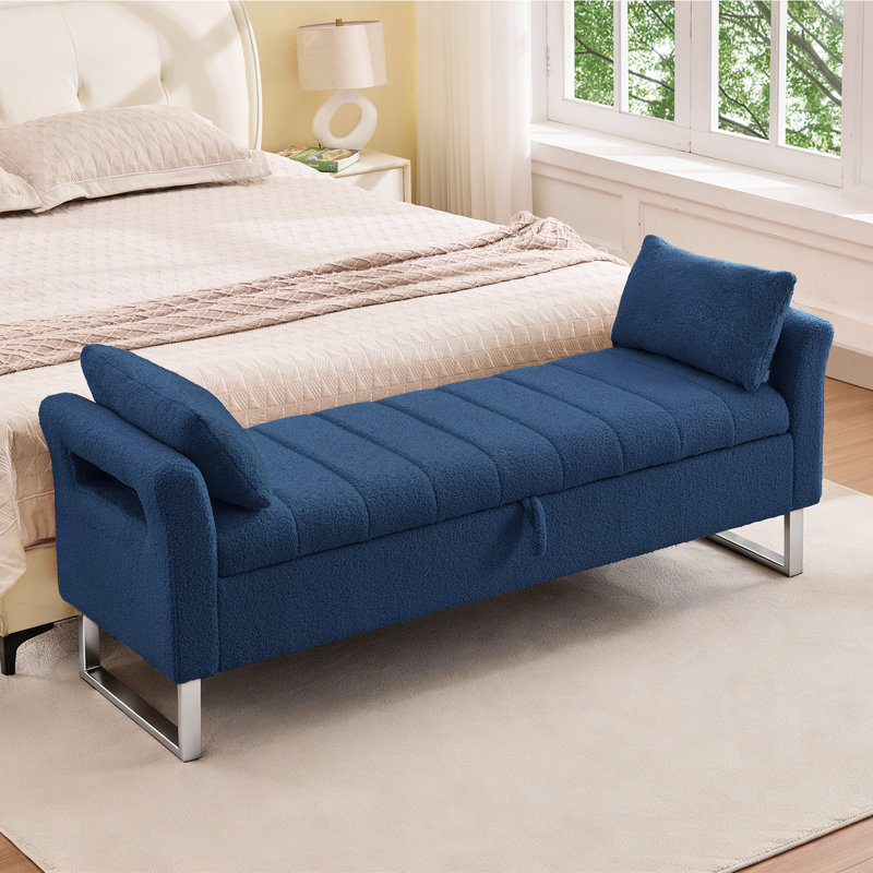 66"W Upholstered Teddy Bedroom Storage Bench End of Bed King Size with Gold Legs,Curverd Armrest and 2 Pillows , Blue, 67"W