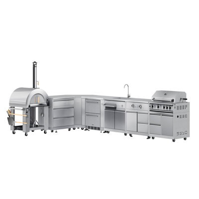 Cuisine modulaire KoolMore Outdoor Kitchen avec four à pizza à double combustible, armoire à 3 tiroirs, armoire d'angle, double tiroir de réfrigérateur avec armoire, évier, brûleur latéral et barbecue de 30 po et armoire en acier inoxydable (km-OK