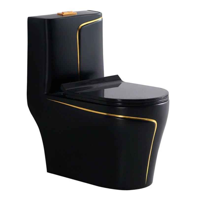 1.85 Gallons Per Minute Gpf Elongated Silent And Anti-Odor One-Piece Black Toilet (Seat Included), Black/Gold