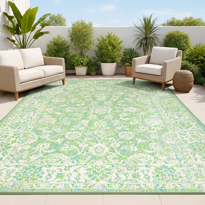 Delcine Bohemian Textured Weave Floral Cream/Green Indoor/Outdoor Rug