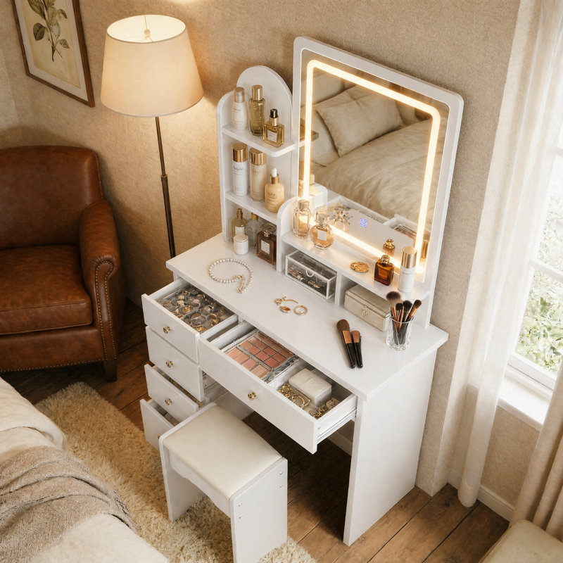 Ensemble coiffeuse de 80 cm de large avec 5 tiroirs, miroir DEL 3 couleurs, tablettes ouvertes et tabouret., Blanc