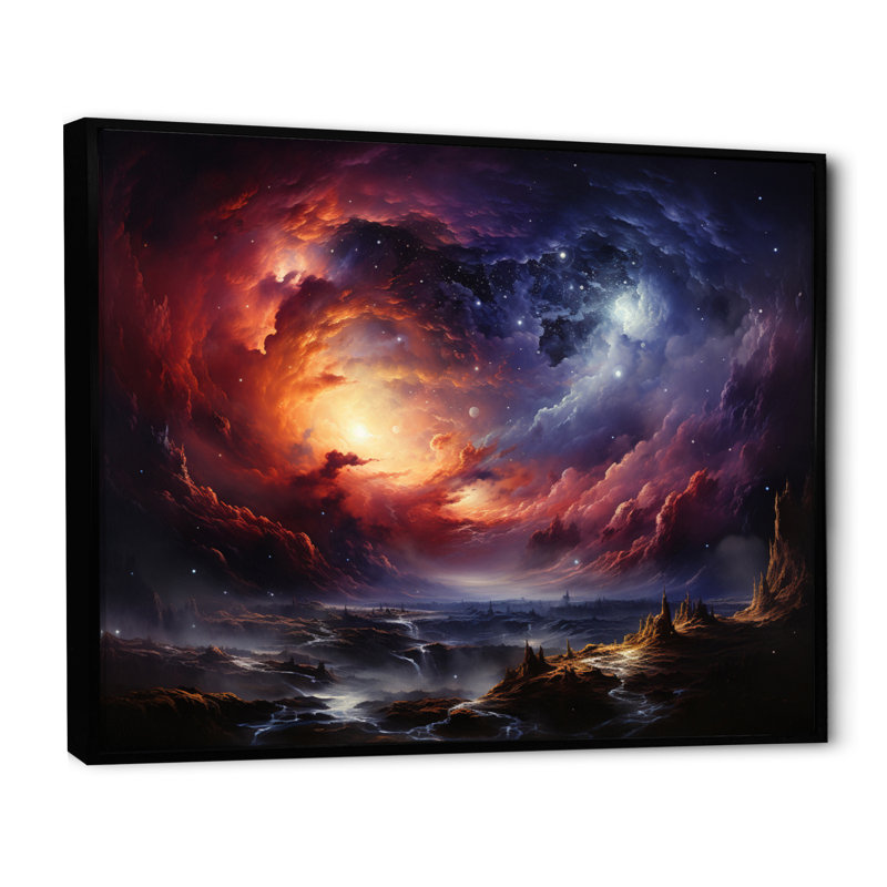 Rêves astronomiques oranges et mauves sur toile, H 12 po x l 20 po x P 1 po, Cadre flottant noir