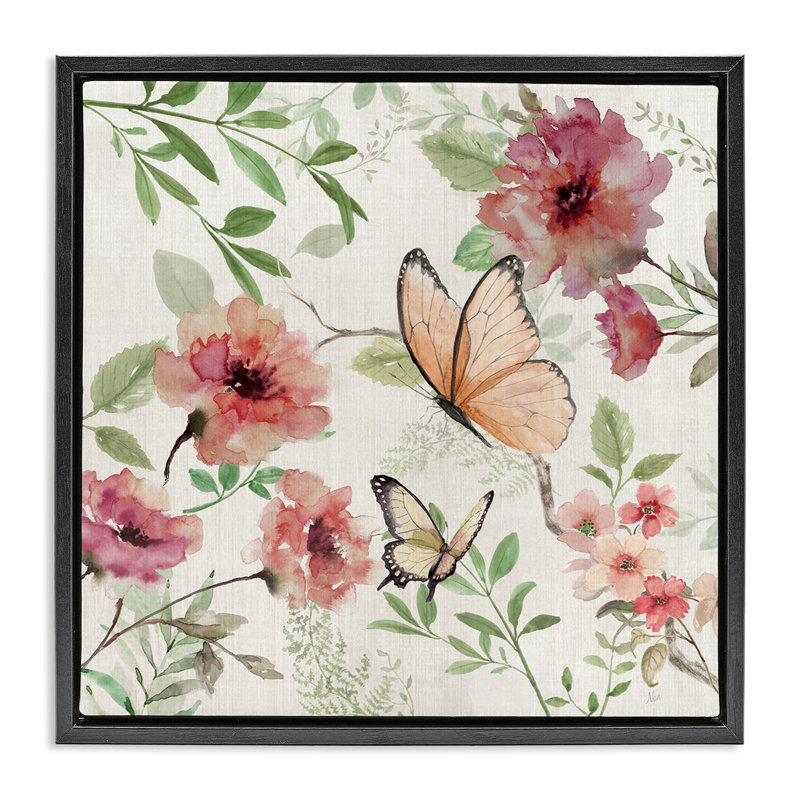Papillons sur un cadre flottant avec fleurs sauvages, design par Nan, H 18 po x l 18 po, Cadre flottant noir de jais
