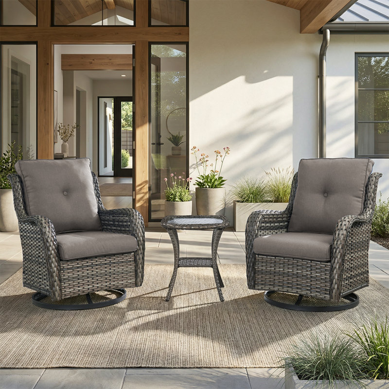 Chaises berçantes pivotantes pour l'extérieur, ensemble de patio en osier 3 pièces avec coussins épaissis, dossier haut, sièges profonds, accoudoirs larges, chaises pivotantes d'extérieur pour porche, terrasse