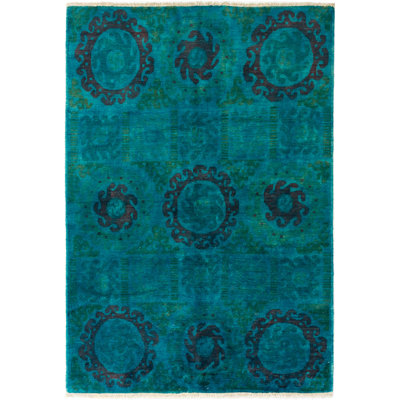 Tapis unique en laine noué à la main des années 2010 de 6 pi x 8 pi 9 po turquoise Quevon