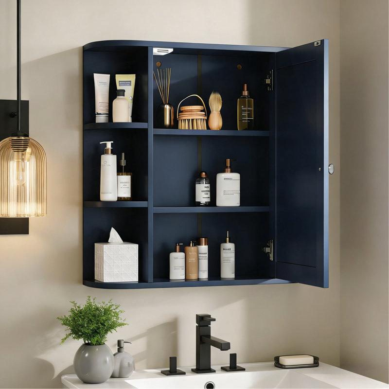 Armoire de rangement murale de salle de bain avec miroir, armoire à pharmacie avec tablette en bois réglable et portes, armoires de rangement montées avec 6 tablettes ouvertes